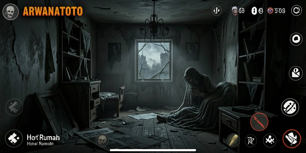 Tampilan menakutkan dari antarmuka game Horor Rumah ARWANATOTO.