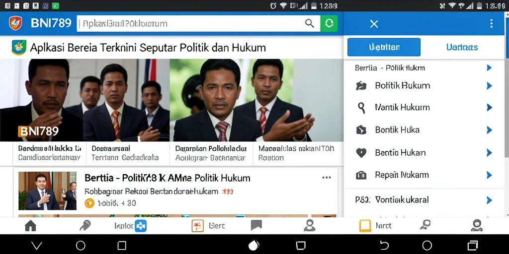 Antarmuka aplikasi BNI789 menampilkan berita politik dan hukum secara menarik.