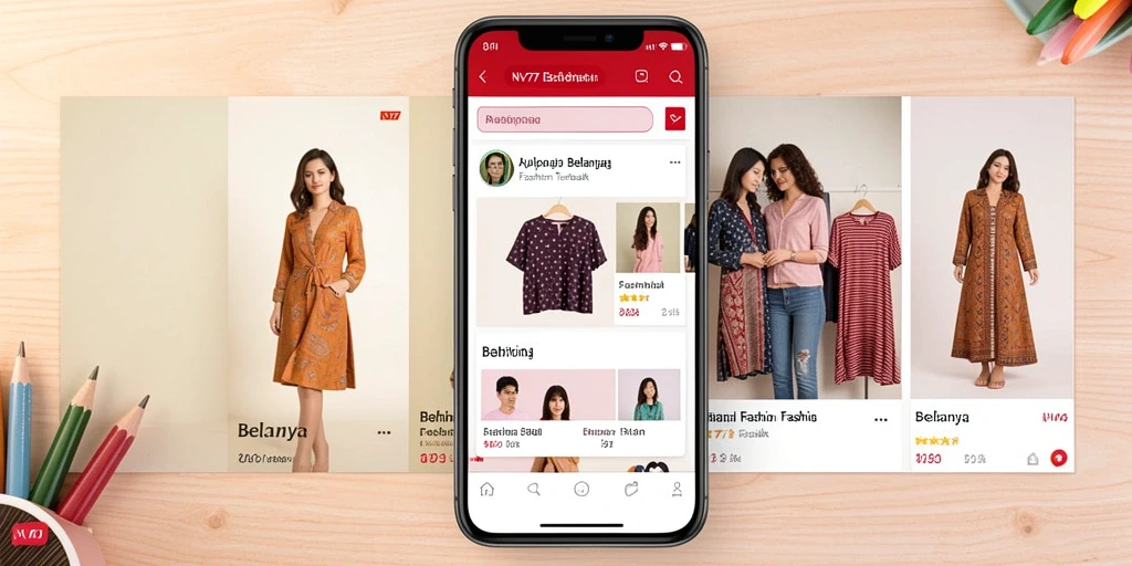 Antarmuka aplikasi NV77 dengan pilihan fashion menarik.